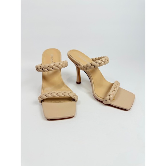 Vivianly Shoes - Vivianly Braided Double Strap Mule Heels Nude Beige Square Toe Stiletto‎ Size 6